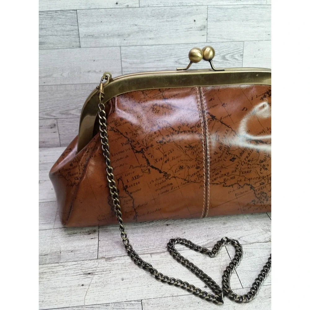 Patricia Nash Mia Leather Shoulder Bag Map Design Framed Satchel Kisslock Brown